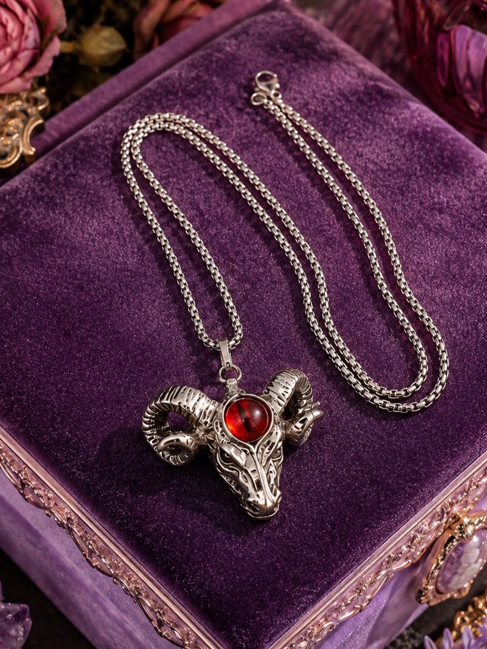 Unisex Sterling Ram Head Pendant Necklace with Red Gem